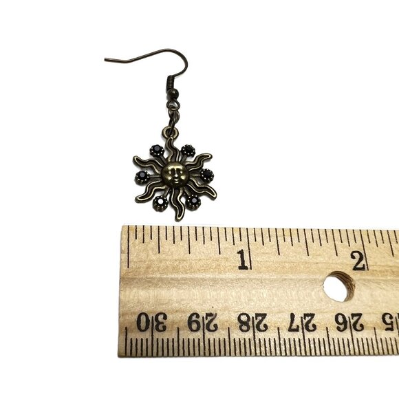 Sunny Sunshine Dangle Earrings Antique Bronze Tone Black Rhinestones - Picture 6 of 10